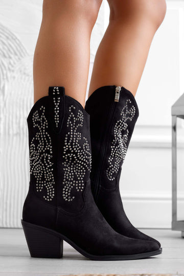 Black camperos ankle boots with rhinestones