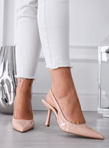 NAOMI - Nude Patent Pointed Toe Slingback Pumps with Heel