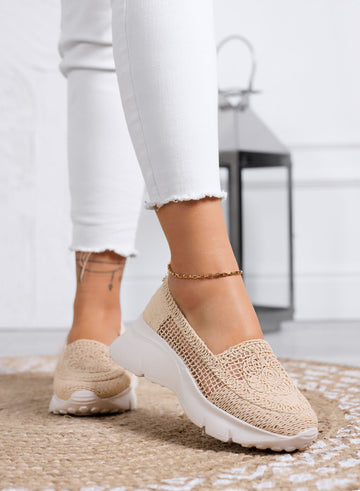 NASTIA - Beige slip-on loafers in crochet with perforated design and white chunky sole