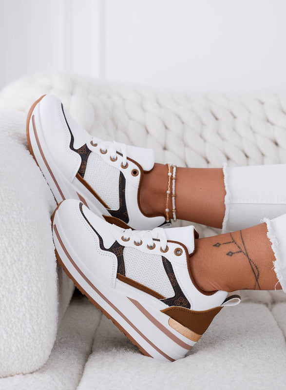 NEVIA - White sneakers with brown patterned inserts