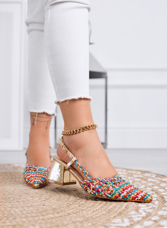 NICOLE – Multicolor pointed-toe woven pumps with ankle strap and gold block heel