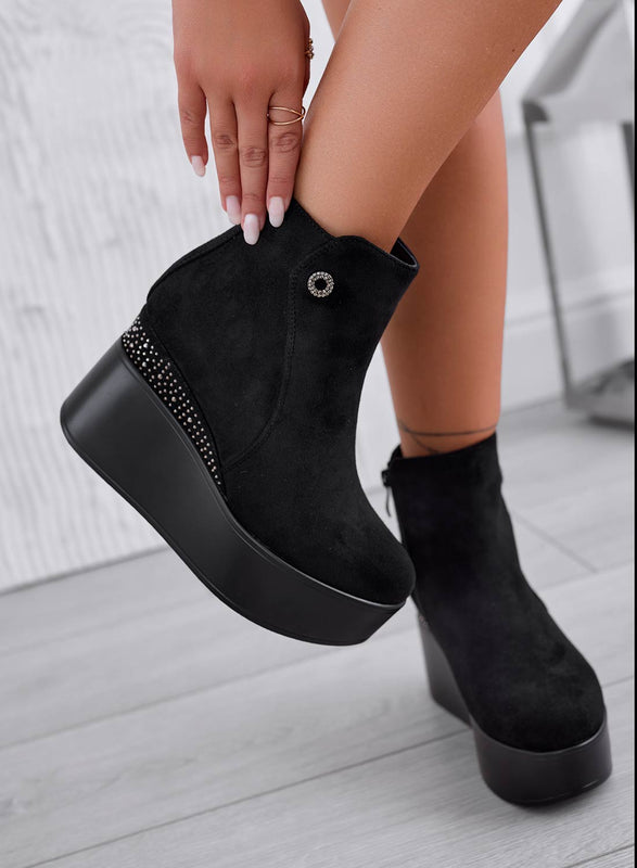 NINA - Black ankle boots with wedge and rhinestones