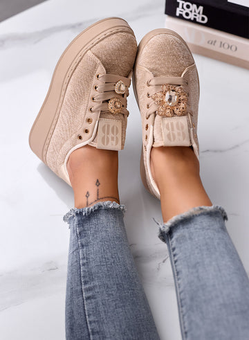 NINFA - Sneakers beige platform in tessuto laminato e applicazione gioiello