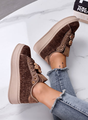 NINFA - Sneakers marroni platform in tessuto laminato e applicazione gioiello