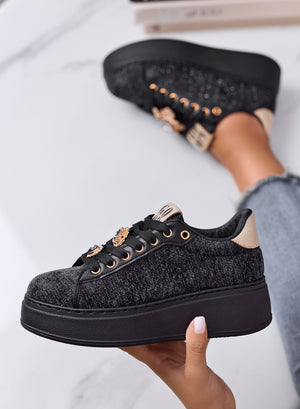 NINFA - Black platform sneakers in laminated fabric with jewel embellishment