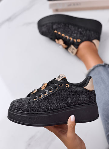 NINFA - Black platform sneakers in laminated fabric with jewel embellishment