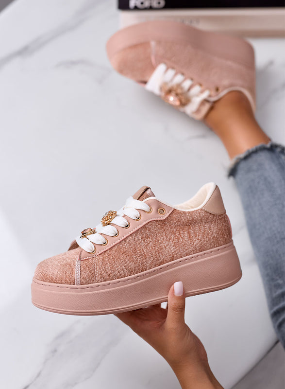NINFA - Pink platform sneakers in laminated fabric with jewel embellishment