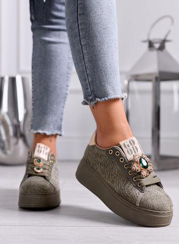 NINFA - Sneakers verdi platform in tessuto laminato e applicazione gioiello