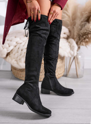 NIZZA - Comfortable black thigh-high boots with a low heel