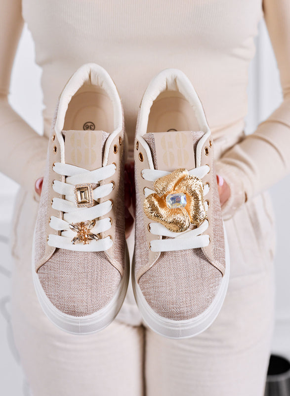 NORA - Beige Sneakers with Jewel Embellishments and Platform Sole
