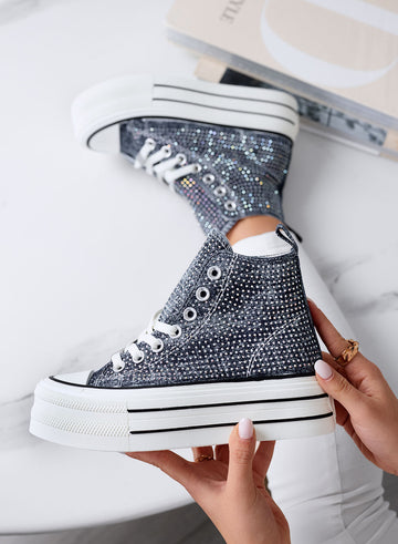 OLGA - Baskets montantes en jean bleu avec strass et semelle plateforme