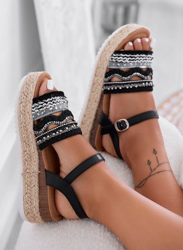 OLIVER - Black espadrille sandals with wedge heel and rhinestones