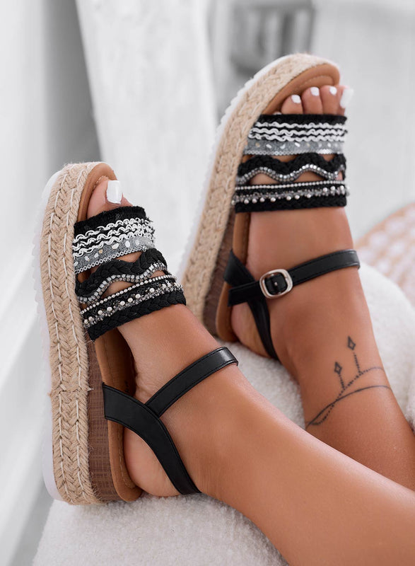 OLIVER - Black espadrille sandals with wedge heel and rhinestones