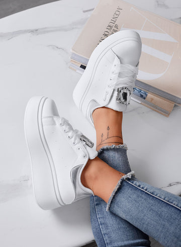 OLIVIA - White Platform Sneakers with Jewel Detail