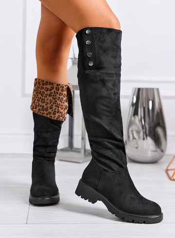 ORIANA - Black boots with fold-over leopard-print shaft