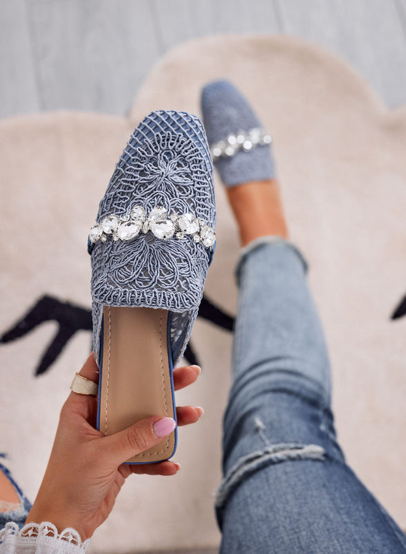 ORIETTA - Light blue lace mules with rhinestones and square toe