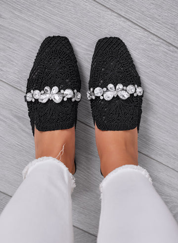 ORIETTA - Black lace mules with rhinestones and square toe