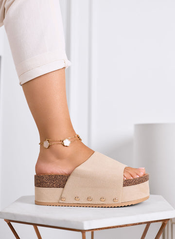 ORIO - Beige platform wedge sandals with wide band and side studs