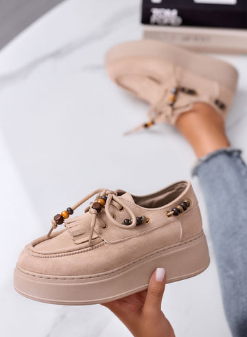 ORNELLA - Mocassini sneakers Platform Beige con Frange e Perline