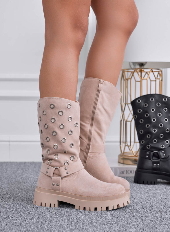 ORNELLA - Beige Alexoo biker ankle boots with eyelets