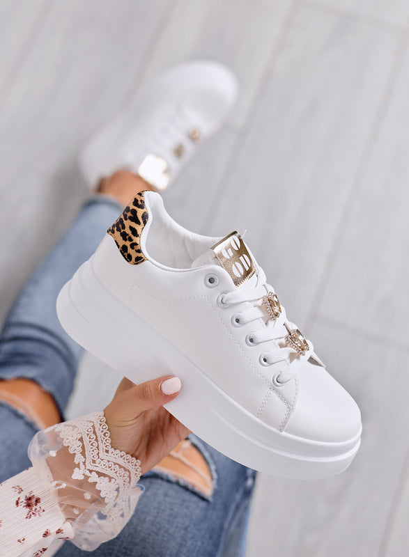 ORSINA - White sneakers with jewel appliqué and leopard-print back