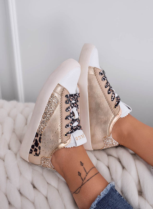 OSCAR - Zapatillas doradas con inserciones de estampado animal y glitter