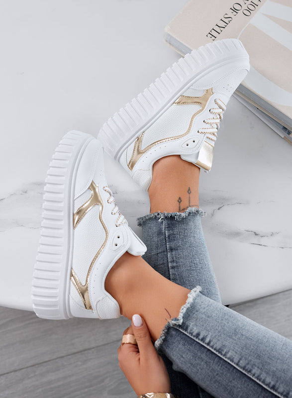 PAMELA - White Platform Sneakers with Gold Details