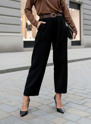 Black ribbed trousers with belt