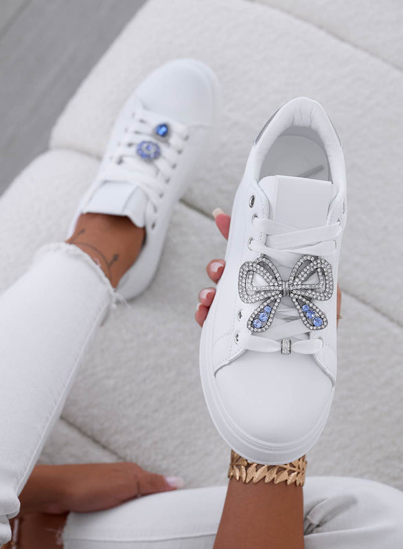 PAOLA - White sneakers with silver jewel bow