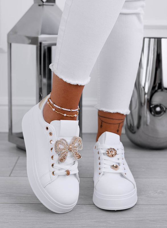 PAOLA - White sneakers with gold jewel bow