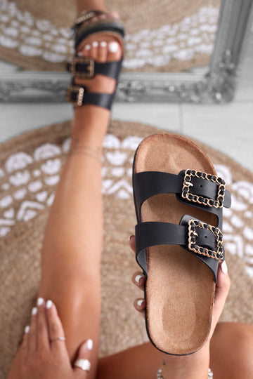 PASCAL - Black slide sandals with gold buckles