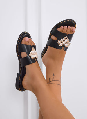 PATRIZIA - Black sandals Slippers with jeweled heart