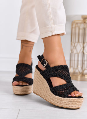 PEARL - Black sandals with rope wedge and crochet weave