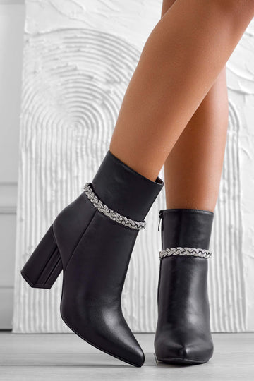 Black ankle boots with silver jewel braid