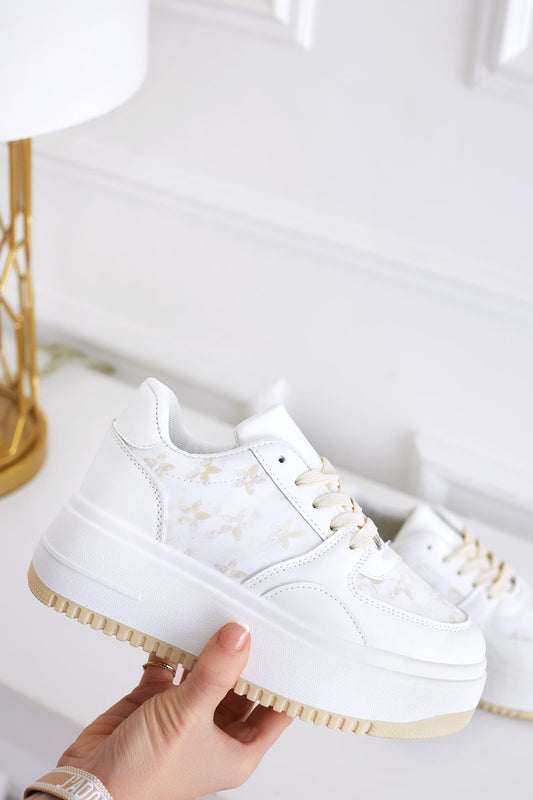 PEREZ - White sneakers with laces and beige inserts