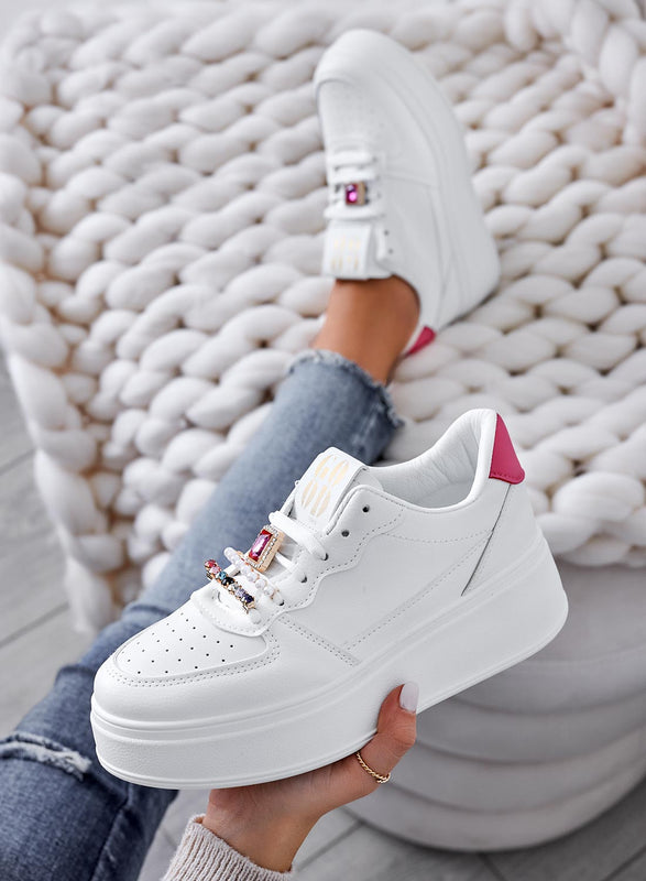 PETRA - White sneakers with jewel applications and fuchsia back