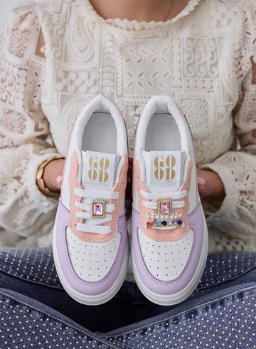 White sneakers with lilac inserts and jewel applications