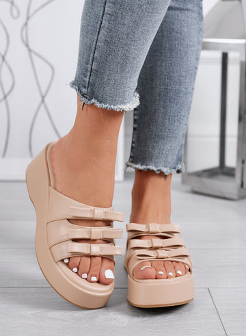 PIPER - Beige wedge mules with bow details