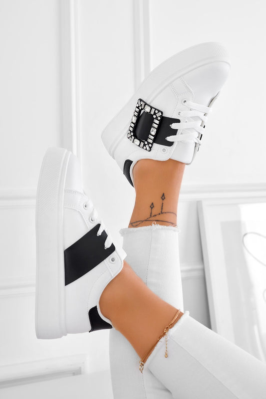 PLEASE - White jewel sneakers with black contrasting band