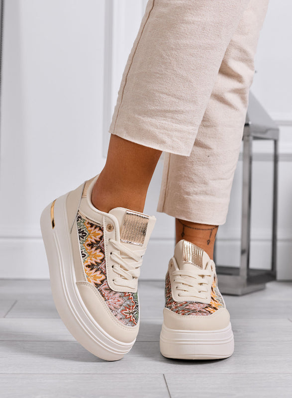 PRAGA - Beige platform sneakers with patterned fabric inserts
