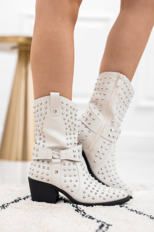 PRETTY - White cowboy ankle boots with studs