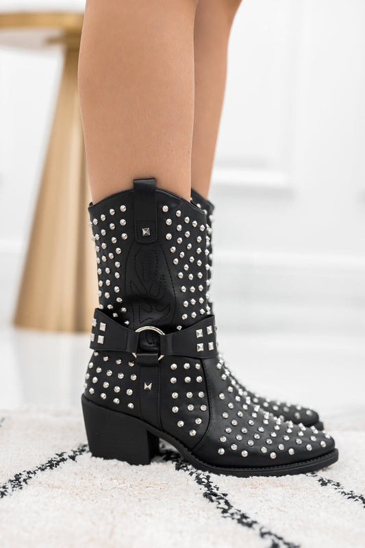 PRETTY - Black cowboy ankle boots with studs