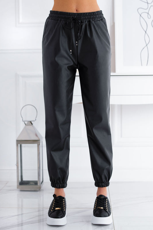 Black faux leather trousers with spring and drawstring at the waist