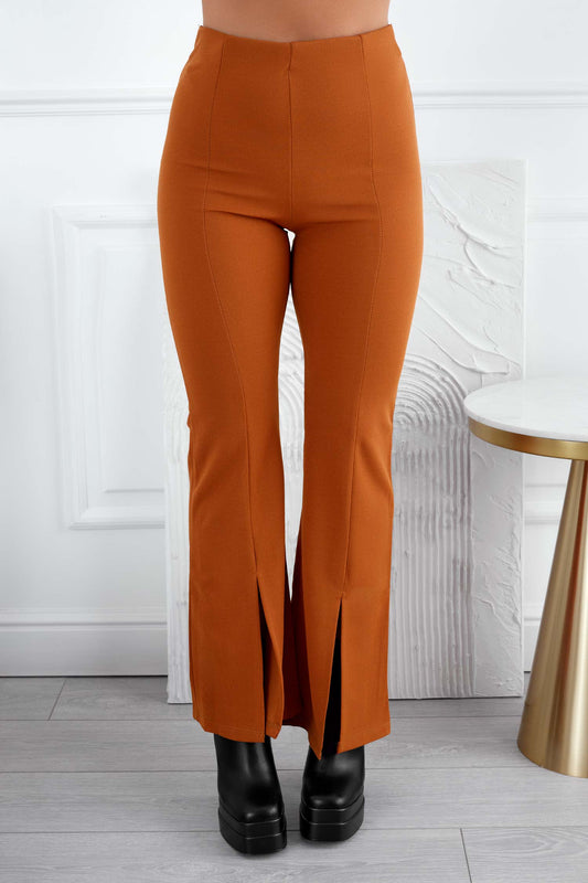 Camel flared trousers with front slit