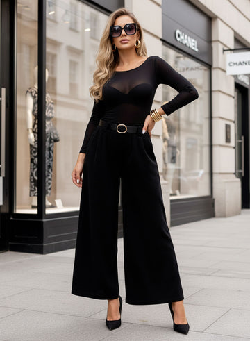 Wide-Leg Black Trousers in Structured Fabric with Belt
