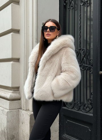 Beige faux fur jacket with hood