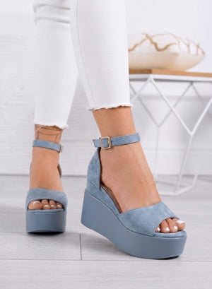PENNY - Blue suede platform sandals with ankle strap