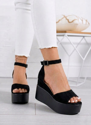PENNY - Black suede platform sandals with ankle strap