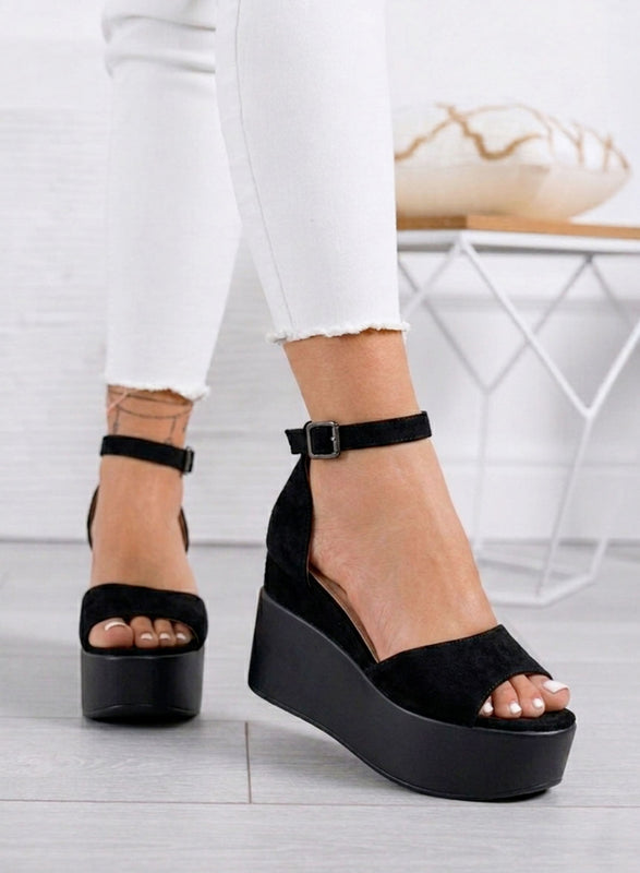 PENNY - Black suede platform sandals with ankle strap