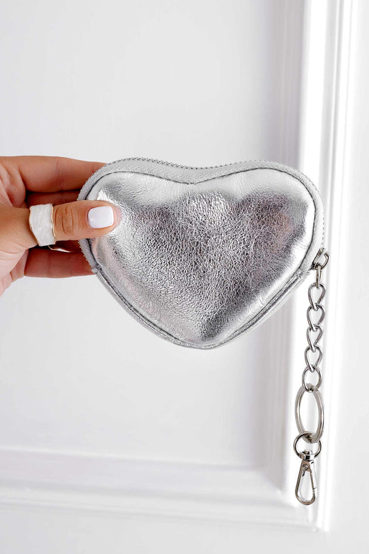 Metallic silver heart coin purse with zipper